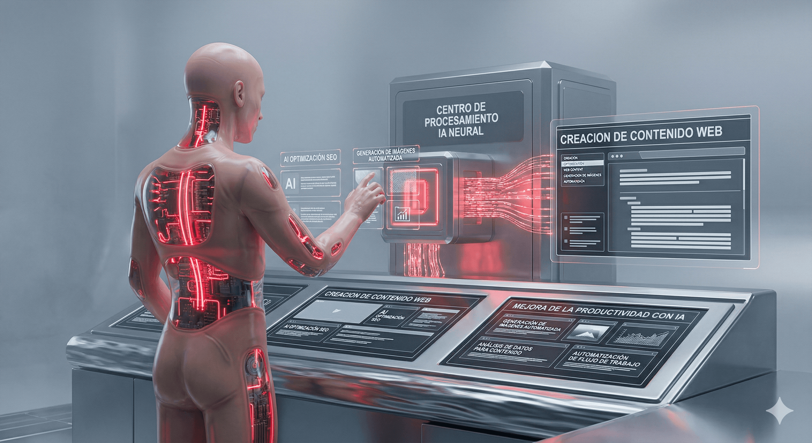 Futuristic AI workstation showing content creation, automation, and productivity support workflows.