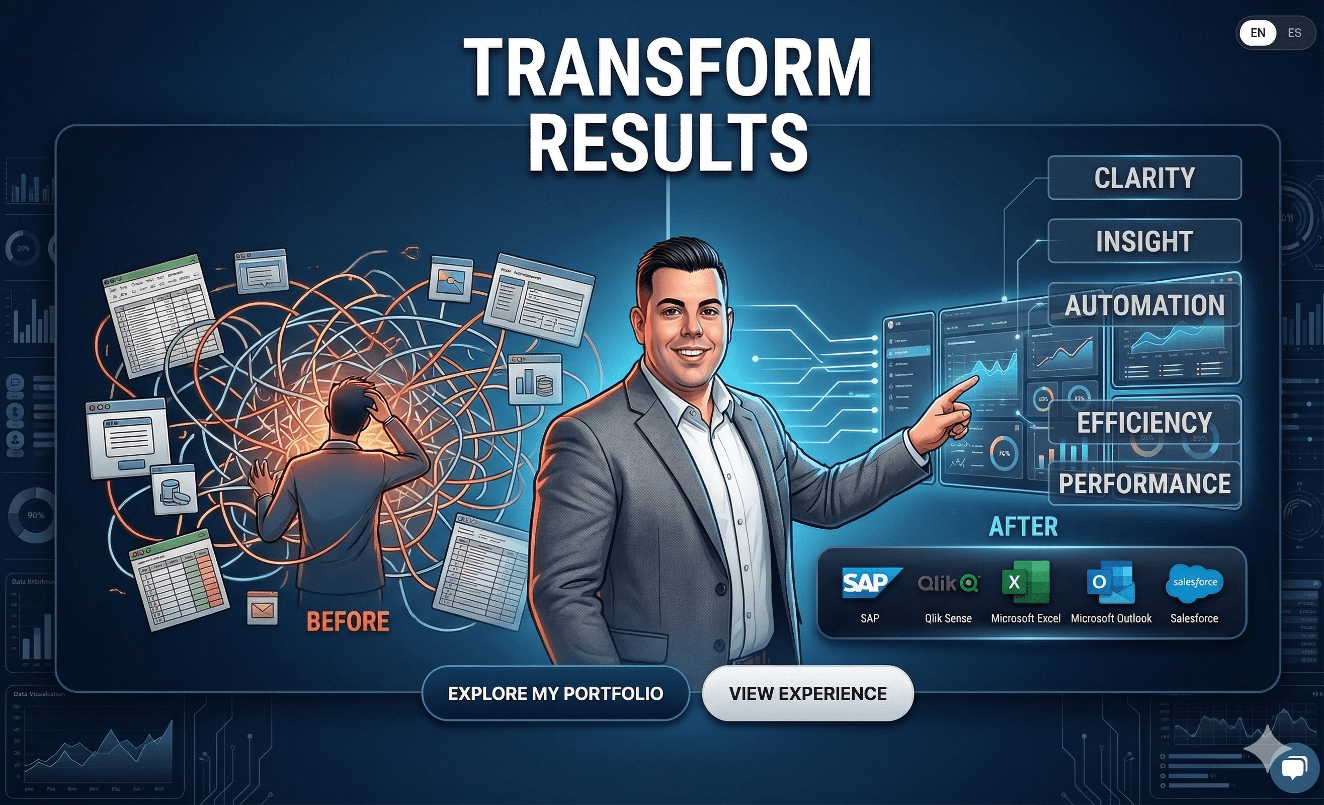 Illustrated personal portfolio concept showing before-and-after transformation, digital tools, and professional positioning.